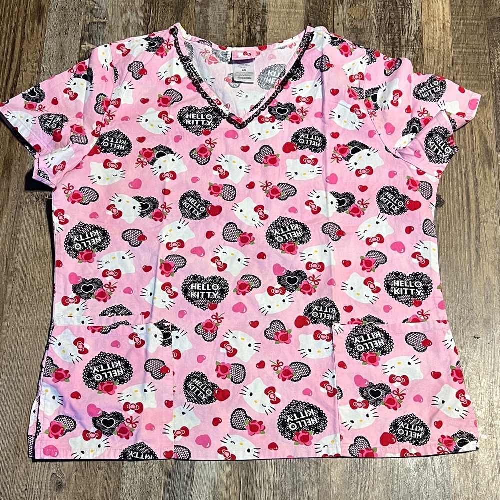 Hello Kitty Pink Printed V-Neck Scrub Top